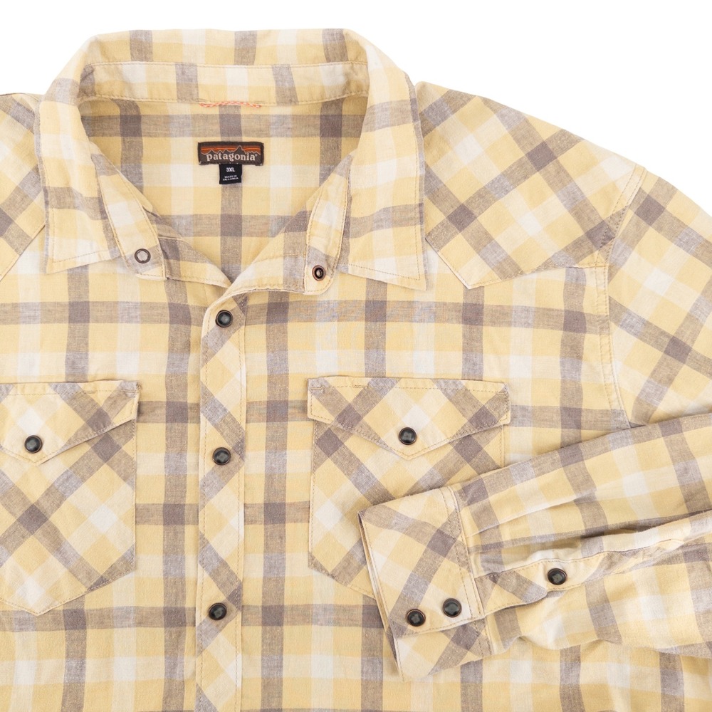 Patagonia Mens 3XL Western Snap Shirt Yellow Brown Plaid Hemp Blend 53330 Gorp